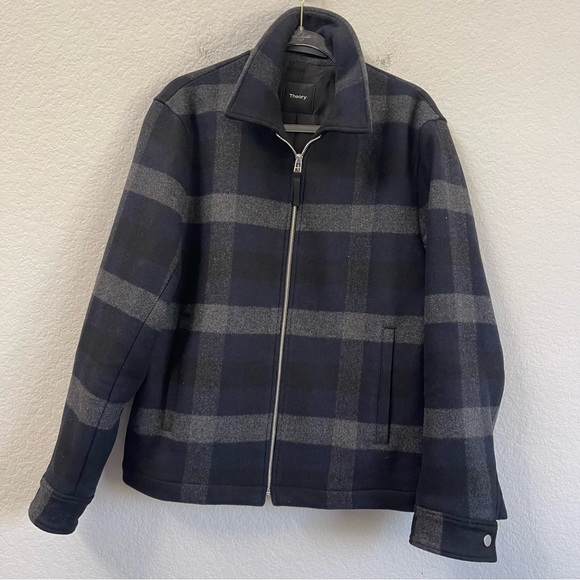 Theory Wyatt Plaid Checked Wool Jacket Navy Gray Size Large - Picture 2 of 7